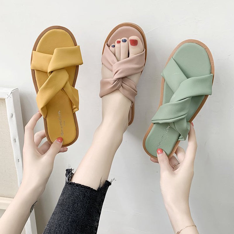 IELGY cross strap Korean woven surface all-match flat bottom women's slippers