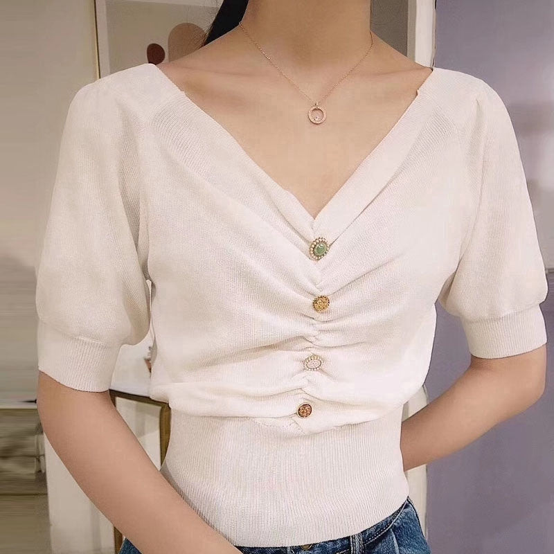 IELGY Retro V-neck knitted waist puff sleeve short top