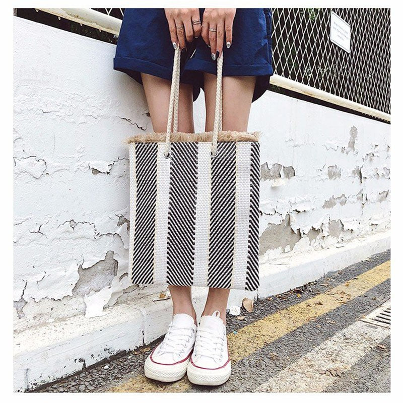IELGY New Weave Stripe Tote Bag Korea chic bag straw bag