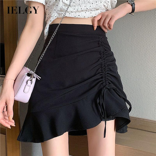 IELGY black short skirt summer high waist retro skirt design niche A-line thin skirt