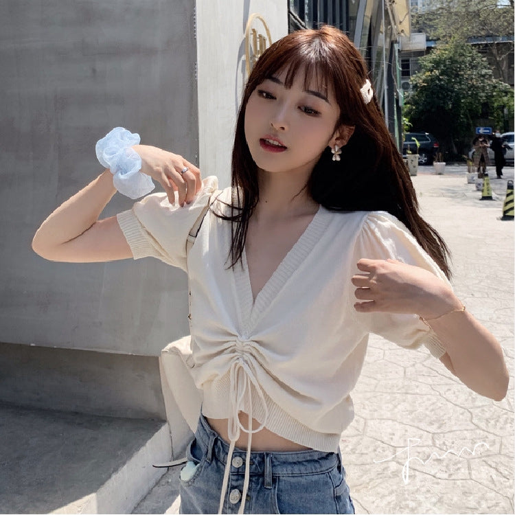 IELGY Drawstring short sleeve knitted loose puff sleeve Crop top
