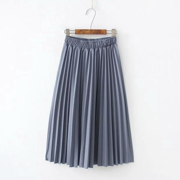 IELGY Temperament pleated skirt mid-length skirt elastic waist solid color wild skirt
