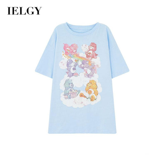 IELGY Women's clothes Blue Top Print Loose Short sleeve Bear T-shirt Casual Medium length