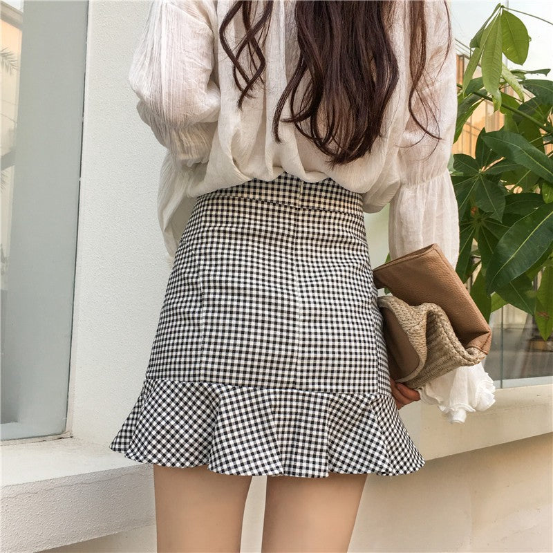 IELGY Women's fresh plaid bag hip A short skirt