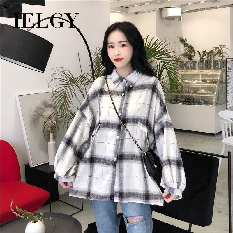 IELGY Korean Plaid Shirt Student Jacket Loose Lapel Long Sleeve Top