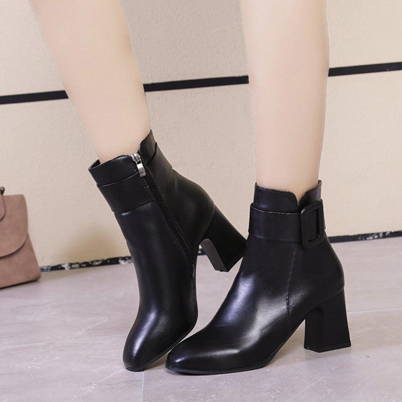 IELGY Fashion Women's Leather Boots PU Square Heel Round Toe Side Zipper Artificial Short Plush Short Tube