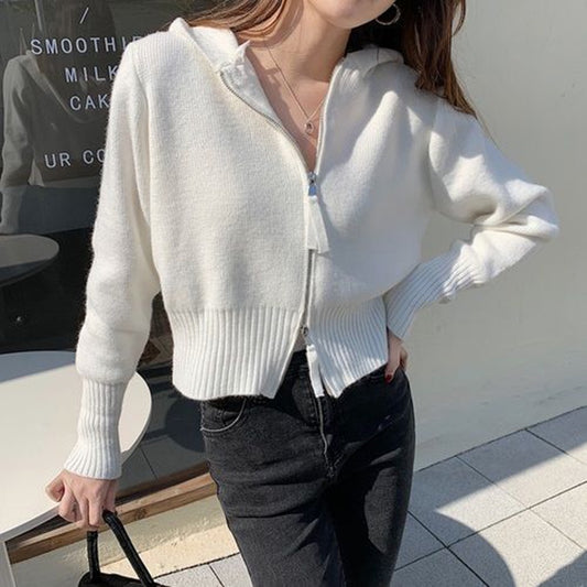 IELGY fashion design hooded double zipper short knitted sweater cardigan