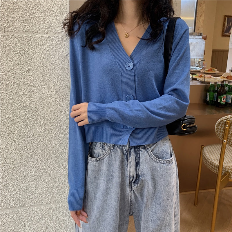 IELGY Women's clothes Jacket Simple Short Thin Knitted sweater Top Black V-neck Long-sleeved