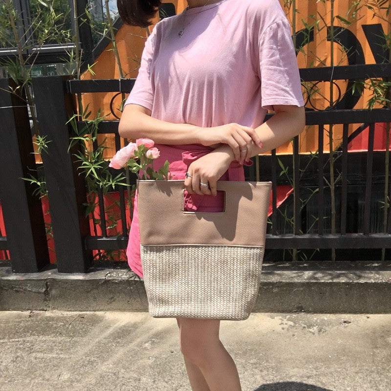 Straw bag hit color stitching handbag