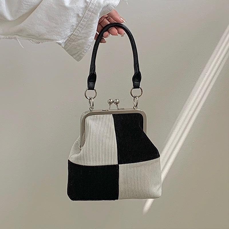 IELGY color matching checkerboard corduroy fashion retro crossbody handbag