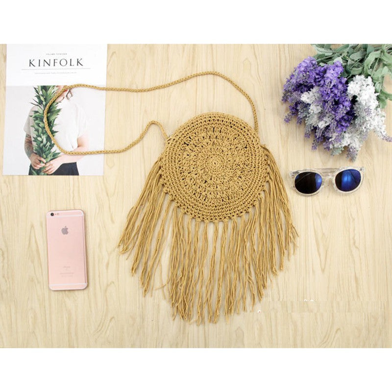 IELGY Handmade round tassel woven bag beach handbags