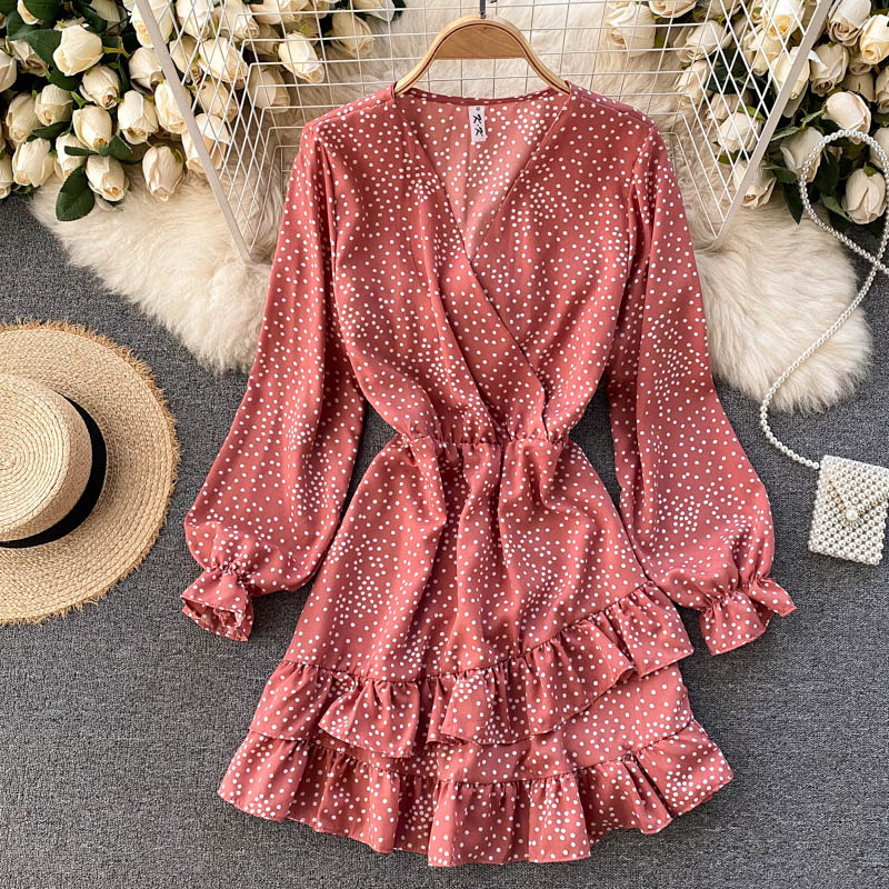 IELGY Irregular Vacation Slim Short Woman's dress Ruffle Casual Fashion Sweet Polka dot