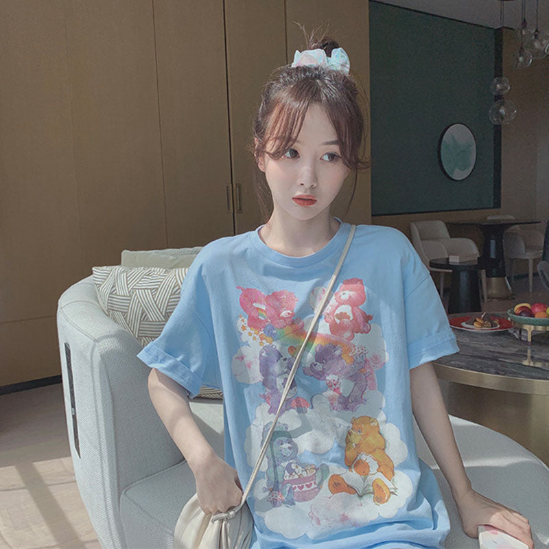 IELGY Women's clothes Blue Top Print Loose Short sleeve Bear T-shirt Casual Medium length