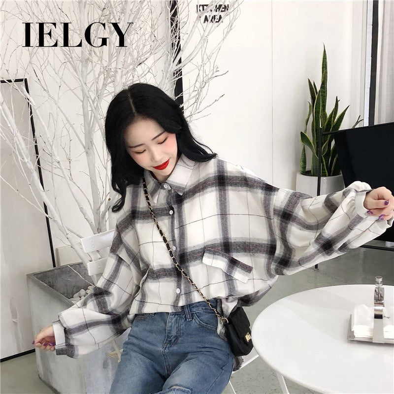 IELGY Korean Plaid Shirt Student Jacket Loose Lapel Long Sleeve Top