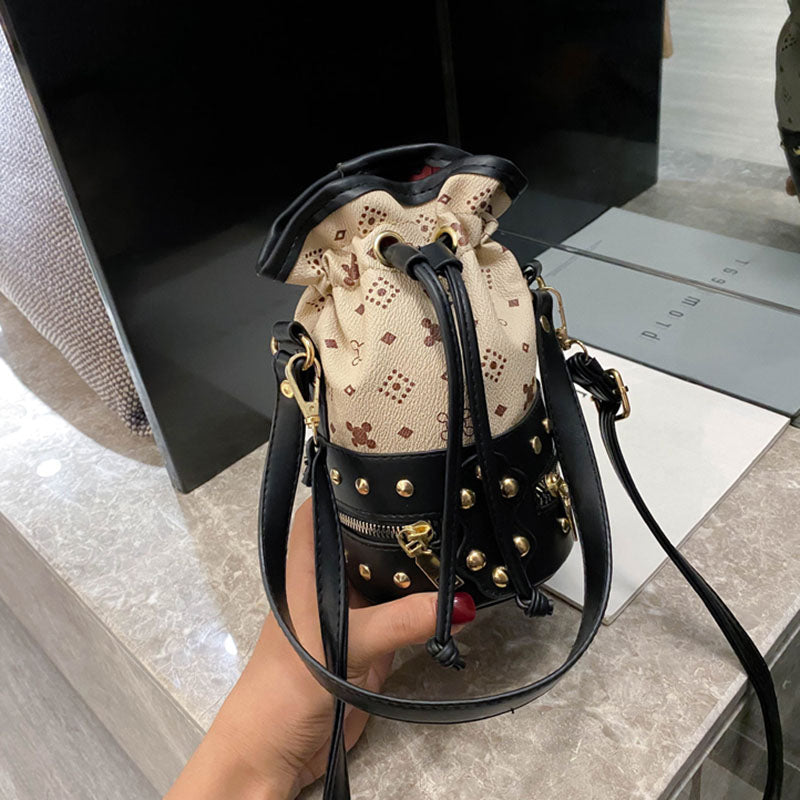 IELGY Women's bag bucket crossbody casual PU retro fashion rivet black all-match
