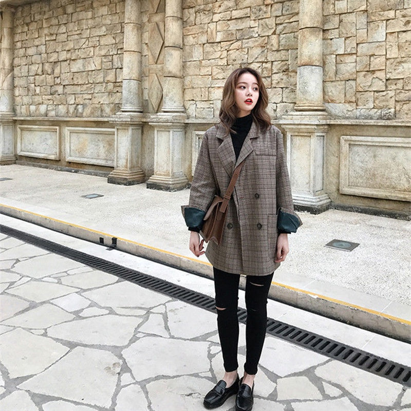 IELGY fashion small suit jacket women loose Korean retro plaid