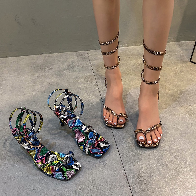 IELGY Fashion Large Snake Pattern Stiletto Sandals Square Toe Open Toe