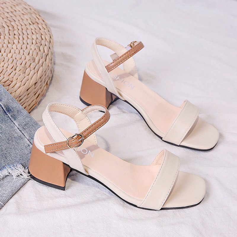 IELGY all-match buckle belt thick heel mid-heel open toe Korean style sandals women
