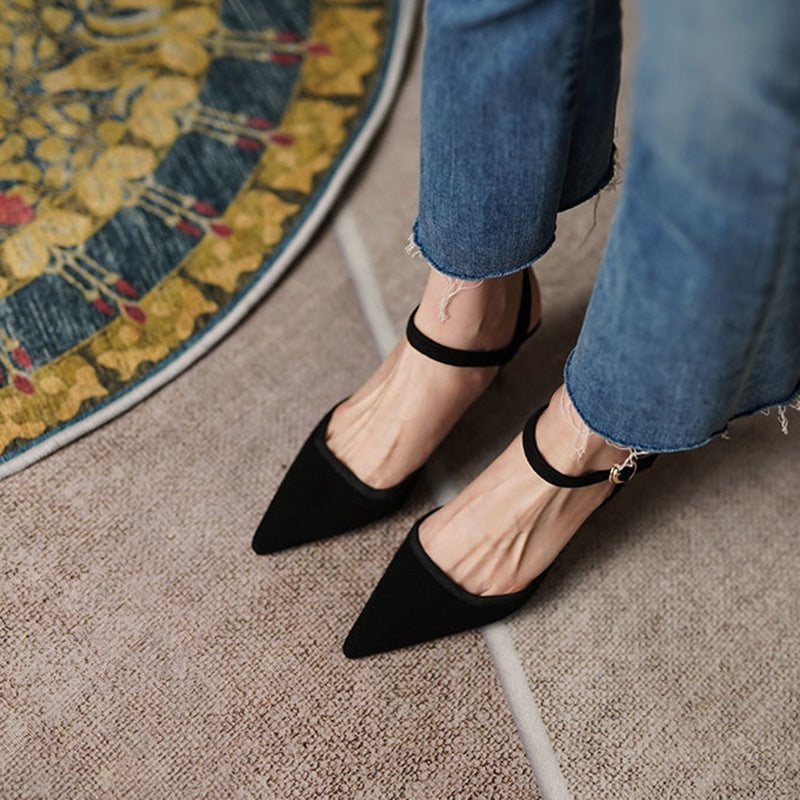 IELGY French mid-high heel toe cap sandals female buckle strap temperament stiletto pointed toe