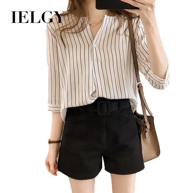 IELGY Leaked clavicle striped cropped sleeve top Han Fan student ins super fire shirt autumn
