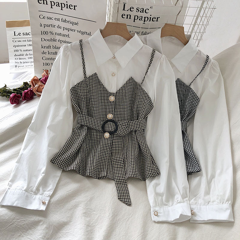 IELGY Lapel Commuter Women's shirt Check Slim fit Autumn Contrast color Fake two-piece Fashion