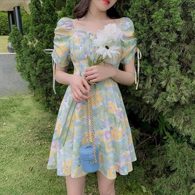 IELGY summer new style short-sleeved high-waisted a-line French square neck floral dress for women