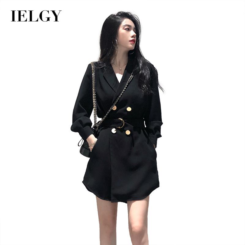 IELGY Women's clothes casual double breasted fashionable all-match long sleeves suits dresses plus size coats
