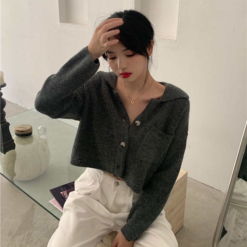 IELGY fashion Hong Kong style retro knitted sweater outer wear women's loose crop top