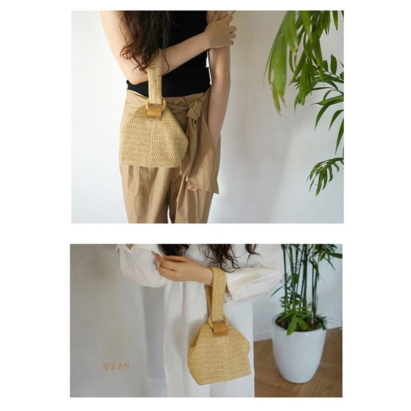IELGY Ring buckle cute woven basket hand bag small square straw bag