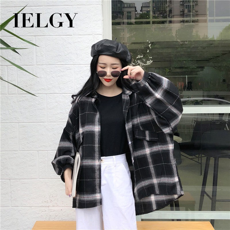 IELGY Korean Plaid Shirt Student Jacket Loose Lapel Long Sleeve Top