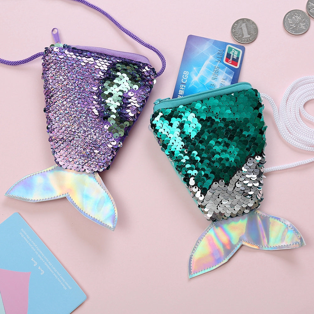 IELGY Sequins Coin Purse Lanyard Coin Fishtail Small Wallet