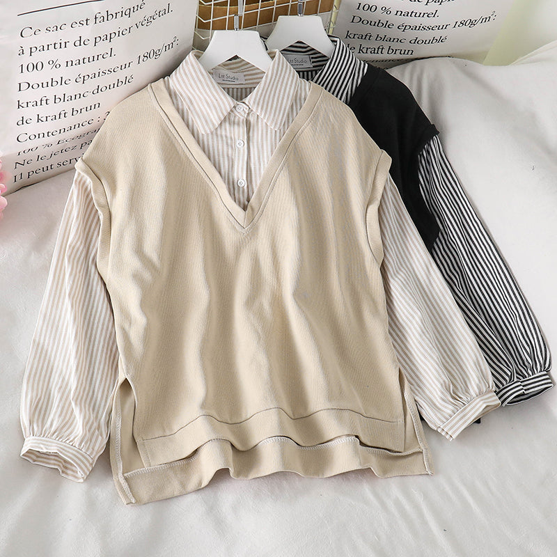 IELGY Women's clothes cream versatile fake two stitching long sleeves loose stripes sweater fashionable