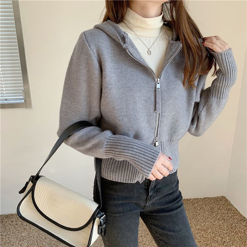 IELGY fashion design hooded double zipper short knitted sweater cardigan