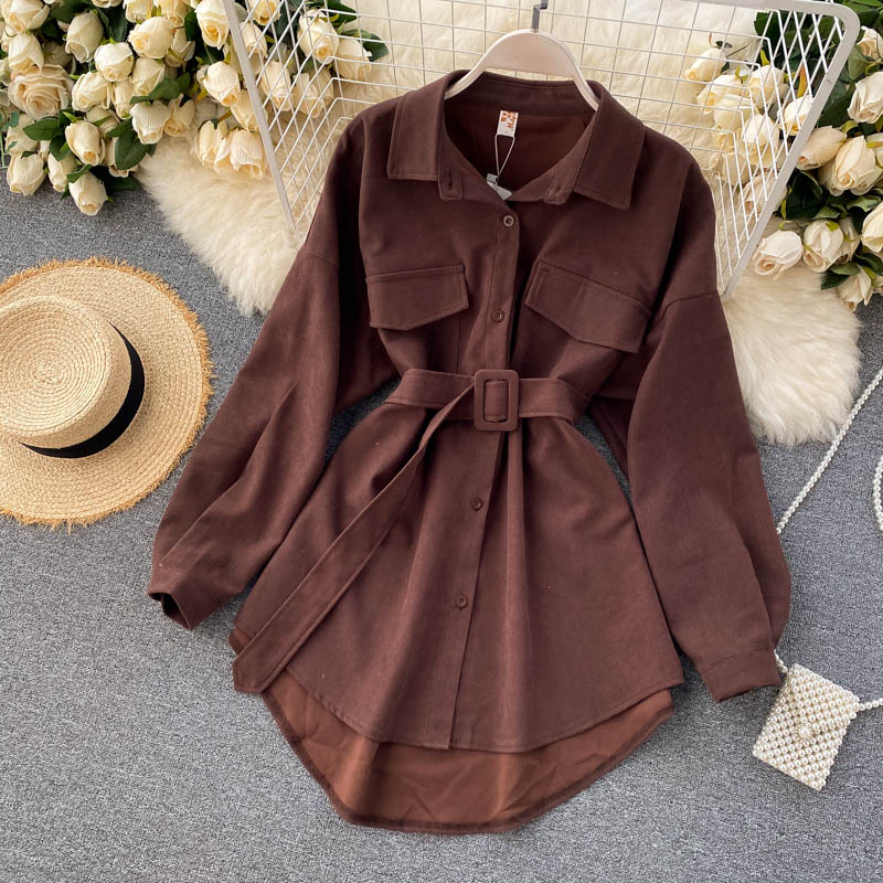 IELGY Women's clothes big pockets all-match V-neck tooling ties retro fashion shirts long sleeves