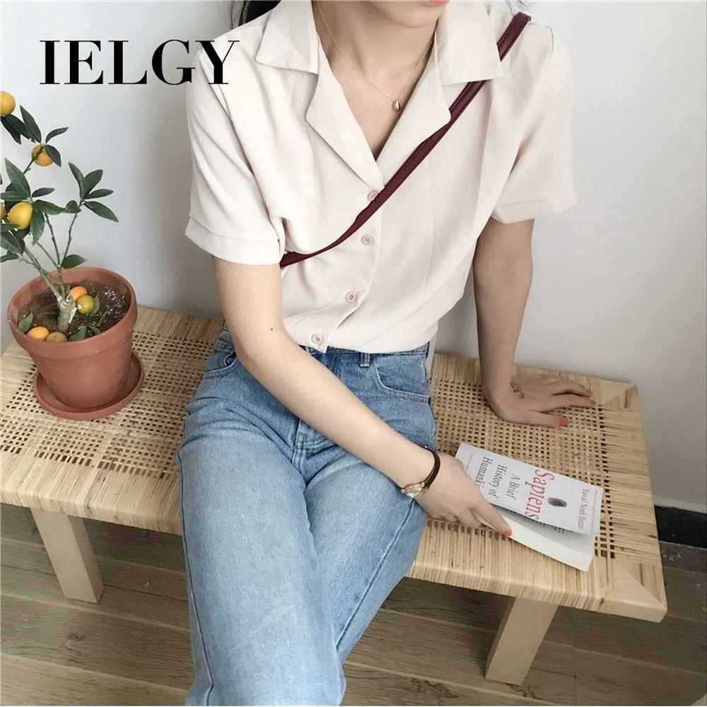 IELGY Women's Shirt Korean Temperament Chiffon Short Sleeve Loose Top