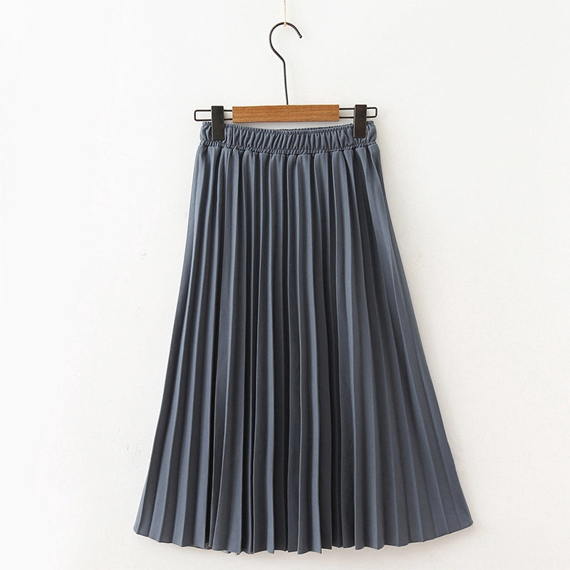 IELGY Temperament pleated skirt mid-length skirt elastic waist solid color wild skirt