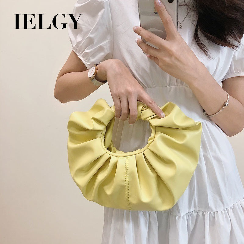 IELGY Folded Cloud Small Bag Leisure Soft Face Handbag Round Crossbody White/Yellow 2 Colors Available Soft Leather Spot Handbag/Crossbody Bag