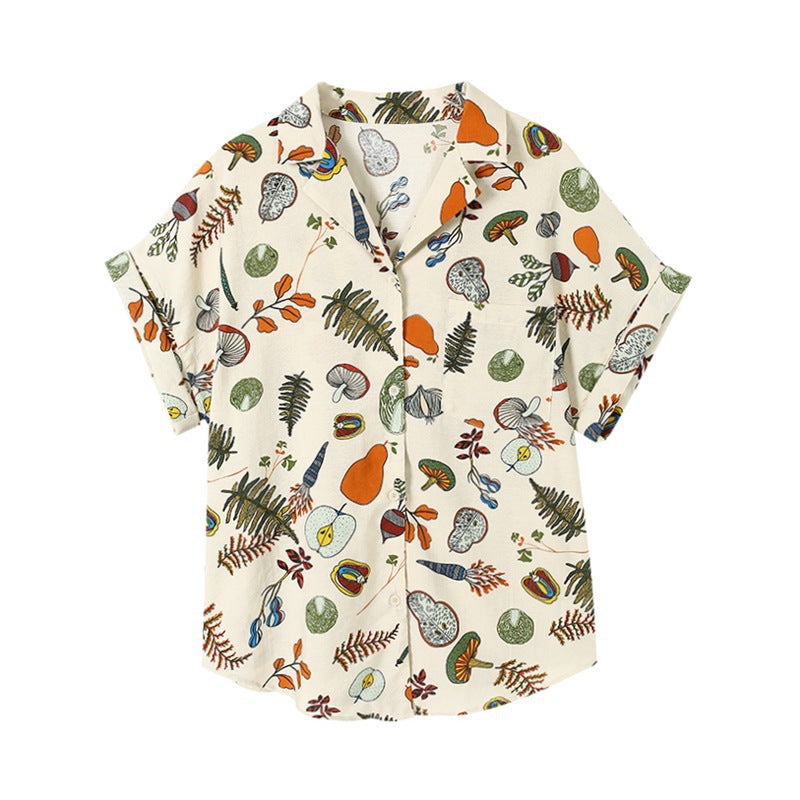 IELGY summer retro picnic print shirt blouse design loose temperament short-sleeved shirt
