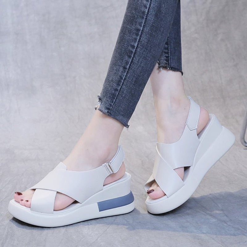 IELGY color matching platform wedge sandals women casual fish mouth soft leather