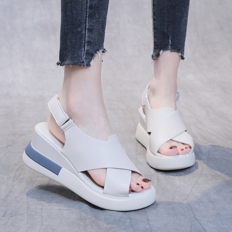 IELGY color matching platform wedge sandals women casual fish mouth soft leather