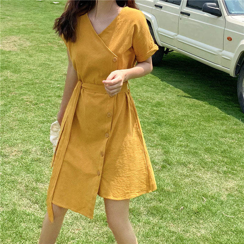 IELGY Women's clothes waist retro tie medium length fashion thin dress yellow all-match