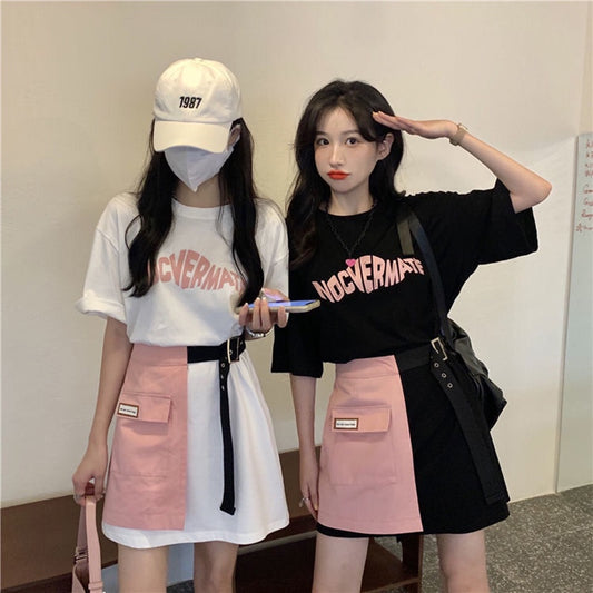 IELGY short-sleeved two-piece female design dress trend Large size cover meat suit