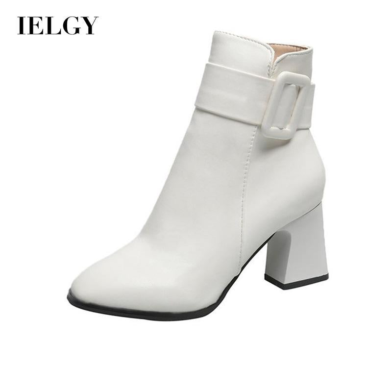 IELGY Fashion Women's Leather Boots PU Square Heel Round Toe Side Zipper Artificial Short Plush Short Tube