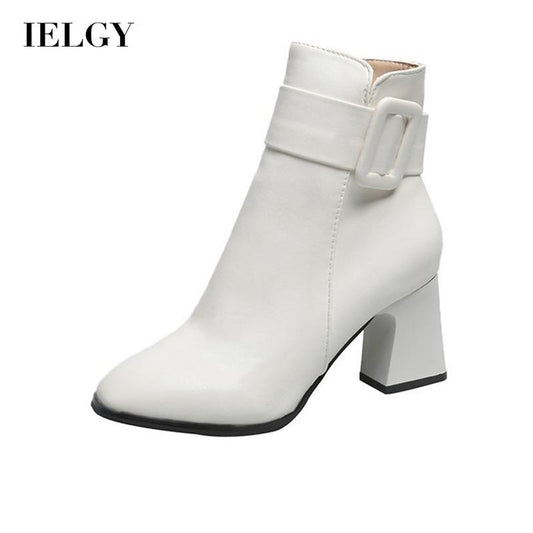 IELGY Fashion Women's Leather Boots PU Square Heel Round Toe Side Zipper Artificial Short Plush Short Tube