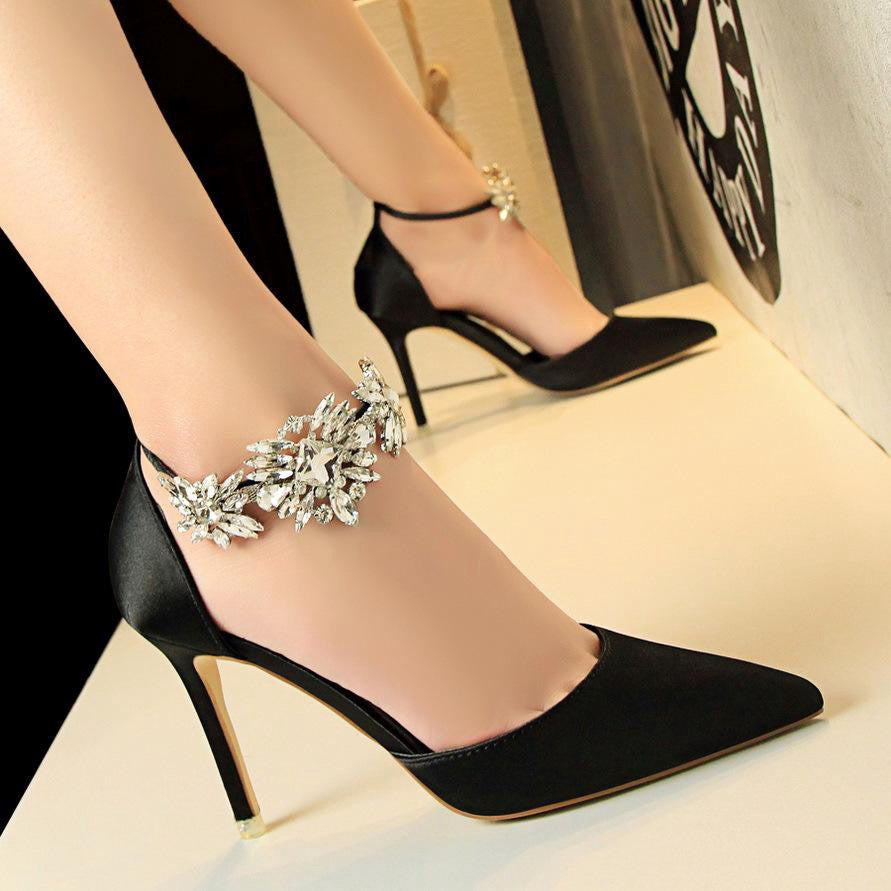 IELGY Women's high heels stiletto satin hollow shallow pointed rhinestone word with sandals