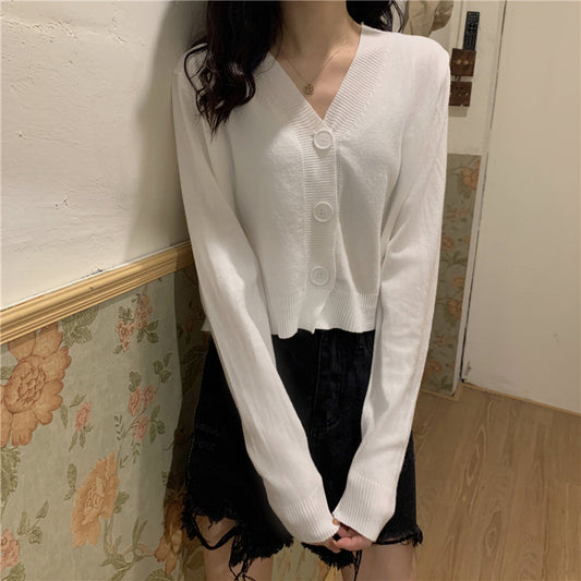 IELGY Women's clothes Jacket Simple Short Thin Knitted sweater Top Black V-neck Long-sleeved