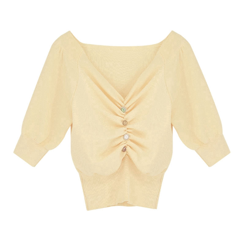 IELGY Retro V-neck knitted waist puff sleeve short top