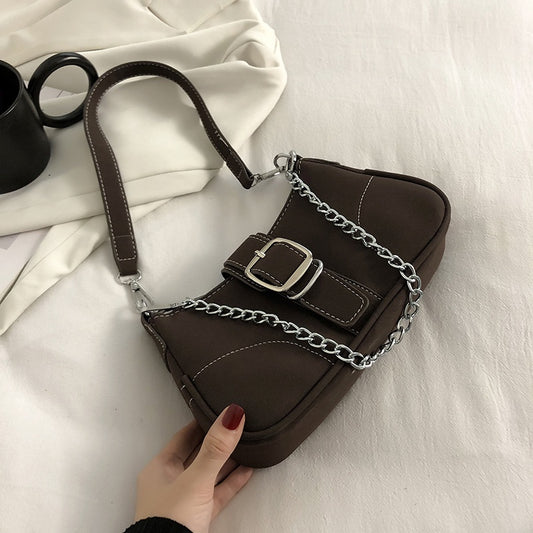 IELGY fashion solid color chain shoulder bag with belt buckle decoration