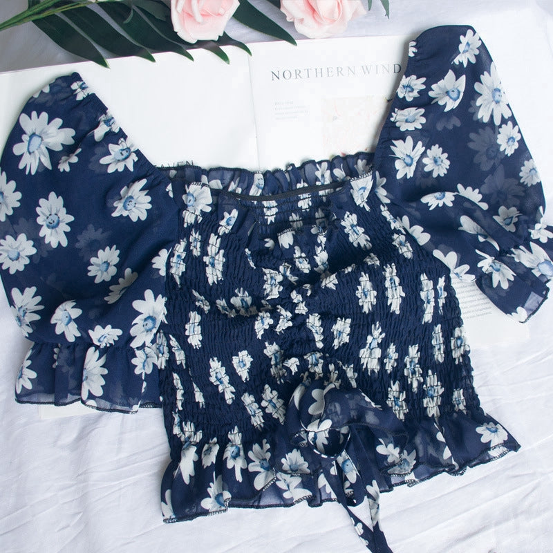 IELGY Chi Ruffle versatile Pleated Chiffon shirt 2020 new bubble sleeve drawstring lace up top