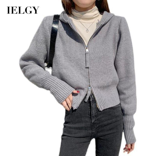 IELGY fashion design hooded double zipper short knitted sweater cardigan